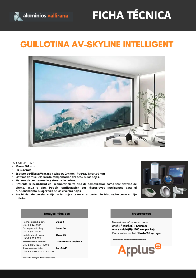 Ficha técnica Ventanas Guillotina AV Skyline Intelligent